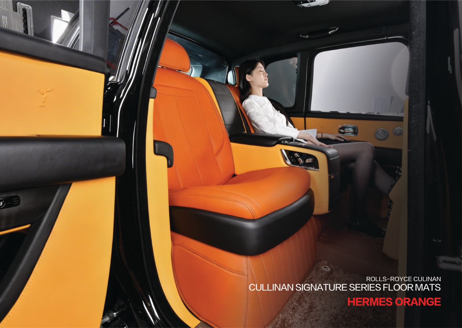 MATNESS leather mats fitted to Rolls-Royce Cullinan in Hermès Orange